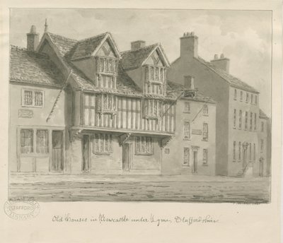 Newcastle-under-Lyme - Old Houses: sépiová kresba, 1840 od John Buckler
