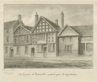 Newcastle-under-Lyme - Old Houses: sépiová kresba, 1840 od John Buckler