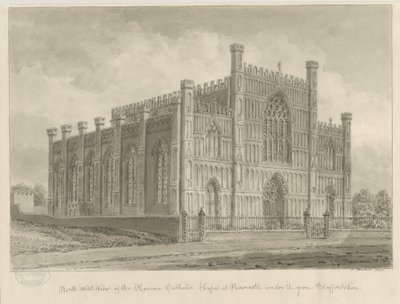 Newcastle-under-Lyme - římskokatolická kaple: sépiová kresba, 1840 od John Buckler