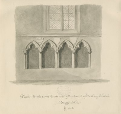 Stánky Norbury Church - Priests: sépiová kresba, 1843 od John Buckler