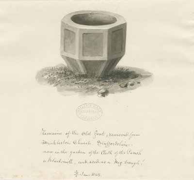 Old Font from Mucklestone Church: sépiová kresba, červen 1843 (kresba) od John Buckler