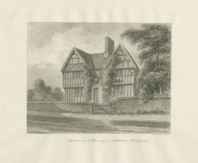 Patshull - Old Mansion at Boningale: sépiová kresba, 1847 od John Buckler