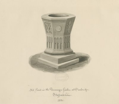 Penkridge - Font in Parsonage Garden: sépiová kresba od John Buckler