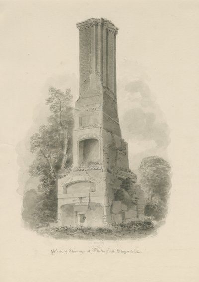 Pillaton Hall - Kuchyňský komín: kresba sépie (vinětovaná), nd [1841] (kresba) od John Buckler