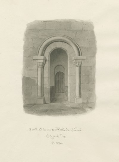 Rolleston Church - jižní vchod: sépiová kresba od John Buckler