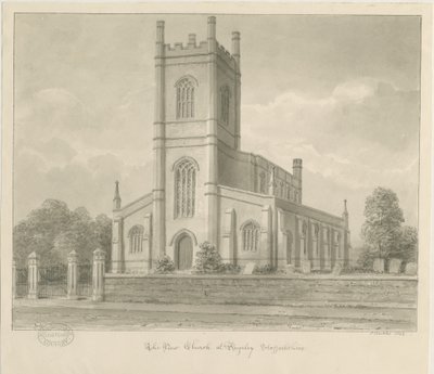 Rugeley Church (New): sépiová lavírovaná kresba od John Buckler