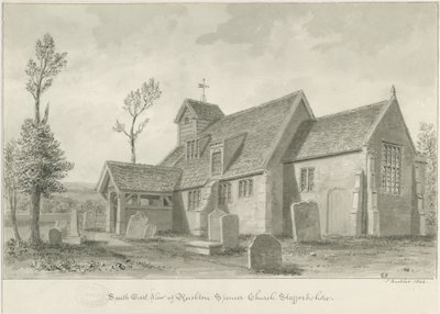 Rushton Spencer Church: sépiová lavírovaná kresba, 1844 od John Buckler