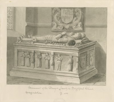 Seighford Church – Hrob Williama a Mercy Bowyerových: sépiová kresba, 1842 od John Buckler