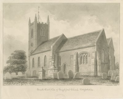 Seighford Church: sépie lavírovaná kresba, 1842 od John Buckler
