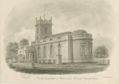 Kostel Shareshill: sépiová kresba, 1843 od John Buckler