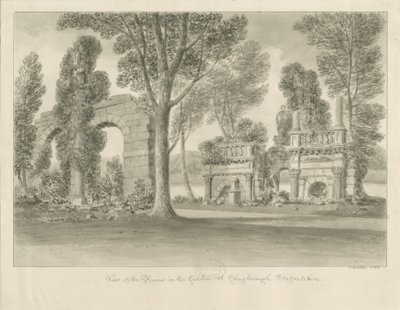 Shugborough - Ruiny v zahradě: sépiová kresba od John Buckler