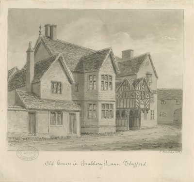 Stafford - Staré domy v Crabbery Lane: sépiová kresba od John Buckler