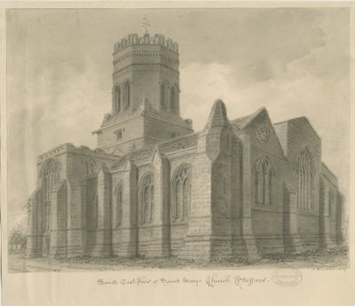 Stafford - Kostel Panny Marie: sépiová kresba, 1837 od John Buckler