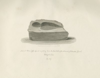 Standon Church: Ancient Stone Coffin: sépiová kresba, 1847 od John Buckler