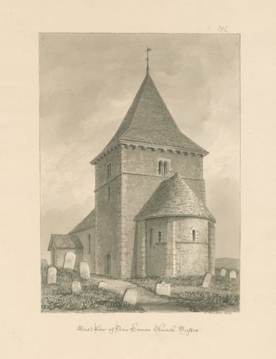 Sussex - Newhaven Church: sépiová kresba, 1830 od John Buckler