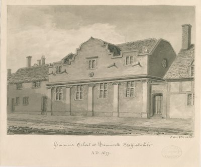 Tamworth - Gymnázium: kresba v sépii, 1838 od John Buckler