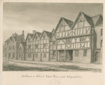 Tamworth - Staré domy v Church Street: sépiová kresba, 1838 od John Buckler