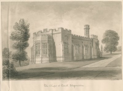 Tixall - Kaple v Tixall Hall: sépiová lavírovaná kresba od John Buckler