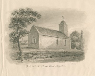 Tixall Church: sépiová lavírovaná kresba, nd [?1841] od John Buckler