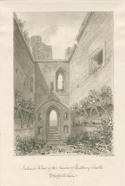Tutbury Castle - Interior of Ruins: sépiová kresba od John Buckler