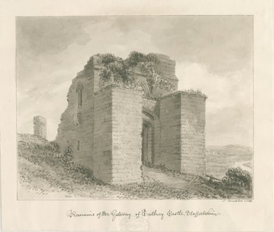 Hrad Tutbury - Pozůstatky brány: sépiová kresba od John Buckler