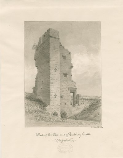 Hrad Tutbury: sépiová lavírovaná kresba od John Buckler