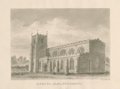 Kostel převorství Tutbury: sépiová kresba, 1812 od John Buckler