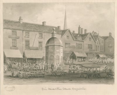 Uttoxeter Town - Market Place: sépiová kresba od John Buckler
