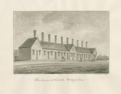 Walsall - Almshouses: sépiová lavírovaná kresba od John Buckler
