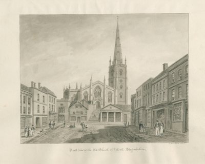Walsall Town and Church: sépiová lavírovaná kresba od John Buckler