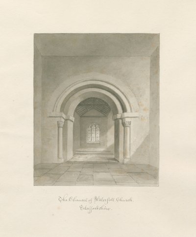 Waterfall Church - Interior of Chancel: sépiová kresba, 1847 od John Buckler
