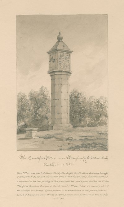 Westmorland - Brougham Castle - Countess Pillar: sépiová kresba, 1800 od John Buckler