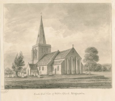 Kostel Weston-on-Trent: sépiová kresba, 1841 od John Buckler