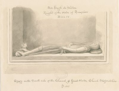 Kostel Weston-under-Lizard - Podobizna sira Hugha de Westona: sépiová kresba, 1842 od John Buckler