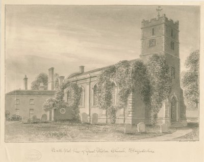 Kostel Weston-under-Lizard: sépiová lavírovaná kresba od John Buckler