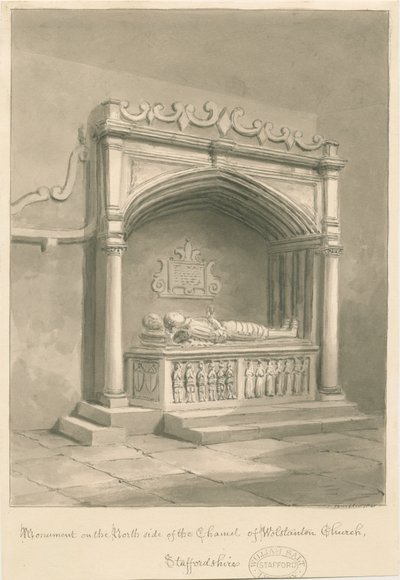 Wolstanton Church - Monument: sépie lavírovaná kresba od John Buckler