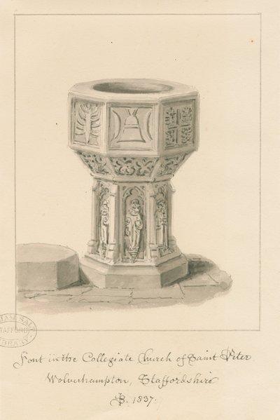 Wolverhampton - Font v kostele svatého Petra: sépiová kresba, 1837 od John Buckler
