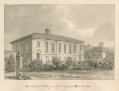 Worcestershire - Droitwich - Modrá škola: sépiová kresba od John Buckler