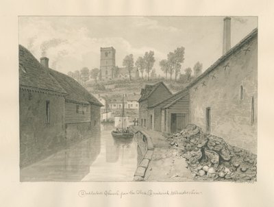 Worcestershire - Droitwich - Dodderhill Church Pohled z dálky: sépiová kresba, 1833 od John Buckler