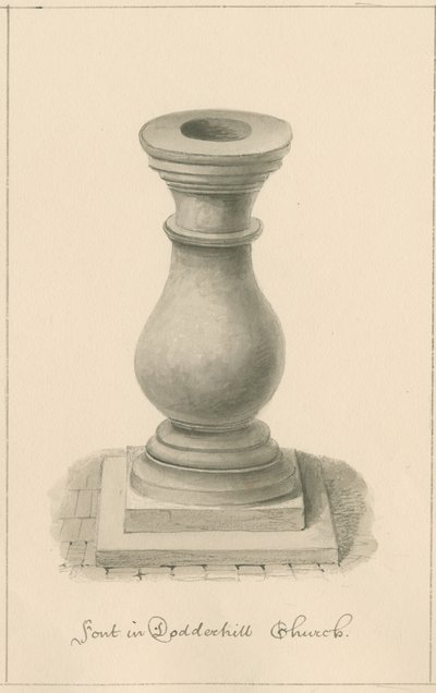 Worcestershire - Droitwich - Dodderhill Church Font: sépiová kresba, 1833 od John Buckler