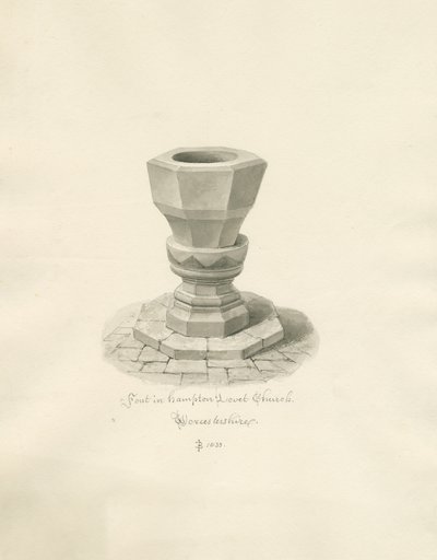 Worcestershire - Hampton Lovett Church - Font: sépiová kresba od John Buckler