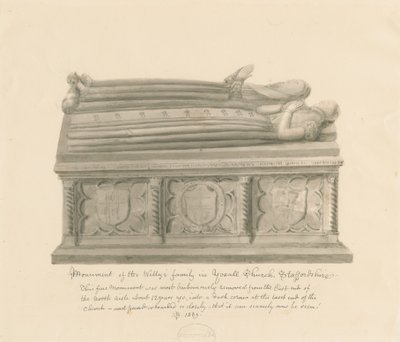 Yoxall Church - Památník rodiny Welly: sépiová kresba od John Buckler