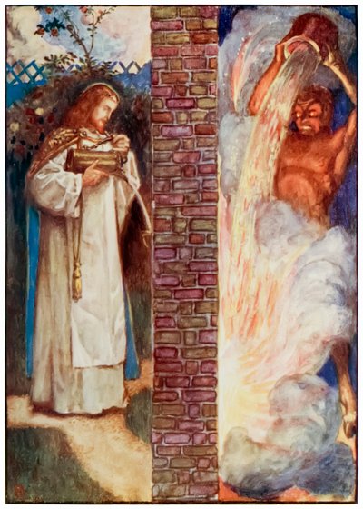 Kristus a ďábel z Poutníků postupují z tohoto světa, do toho, co má přijít John Bunyan (1628-1688) Ilustrace Byam Shaw (1872-1919) zobrazující oheň ve zdi. Ďábel se snaží od John Byam Liston Shaw