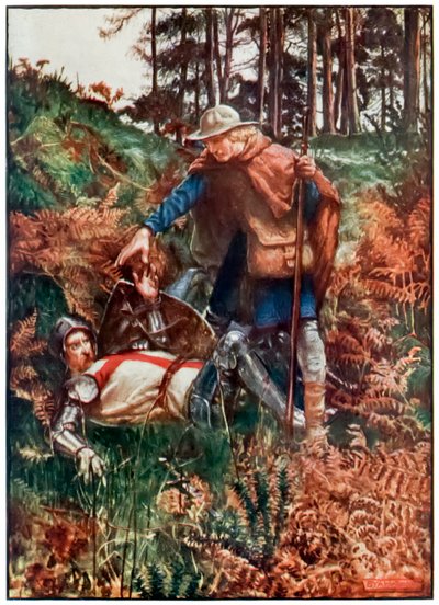 Faithful pomáhá Christianovi vstát po jeho pádu z The Pilgrims Progres from This World, To What Is To Come John Bunyan (1628-1688) Ilustrace Byam Shaw (1872-1919) zobrazující křesťanskou bytost od John Byam Liston Shaw