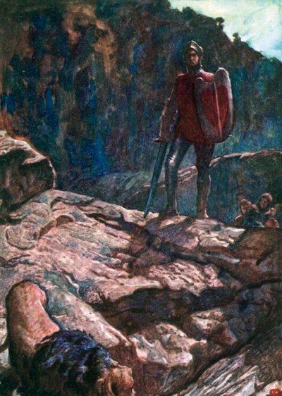 Greatheart Drives back the Lion (barevná litografie) od John Byam Liston Shaw
