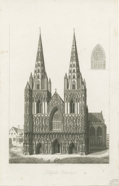 Lichfieldská katedrála – západní fronta: rytina a [? počátku 19. století] (tisk) od John Byrne