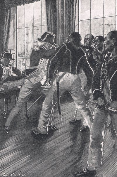 Scéna na palubě vlajkové lodi během vzpoury Nore, ilustrace z 