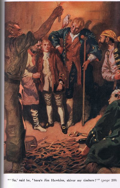 Tak řekl Tady je Jim Hawkins, chvěj moje trámy, ilustrace z „Ostrovu pokladů“ od Roberta Louise Stevensona od John Cameron
