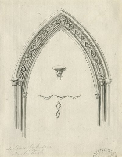 Interiér katedrály Lichfield – oblouk v severní uličce: sépiová kresba, nd [?19. století] (kresba) od John Carter