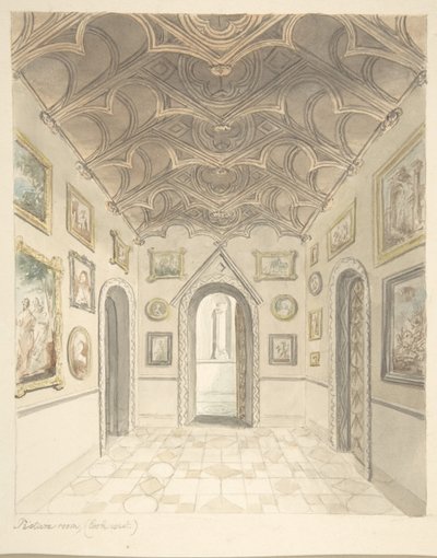Lea Castle, Worcestershire, Picture Room, Looking West, ca. 1816. od John Carter.